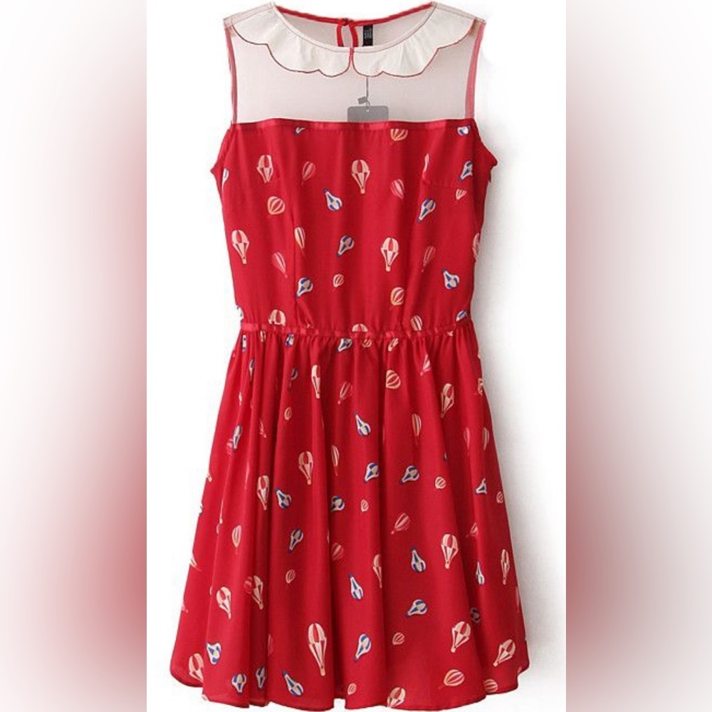 Nishe Hot Air Balloon Embroidered Peter Pan Collar Mini Dress Red US 8